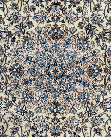 Fine Persian Isfahan Naael Design Silk Rug Cream, Blue & Taupe Handmade Persian Rug 240 × 150 cm