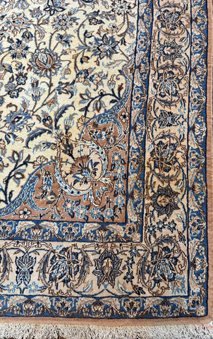 Fine Persian Isfahan Naael Design Silk Rug Cream, Blue & Taupe Handmade Persian Rug 240 × 150 cm