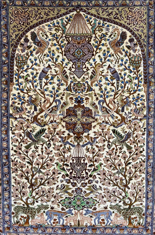 Persian Isfahan Naael Design Silk Rug – Handmade Luxury Tree of Life Rug – 240 x 150 cm