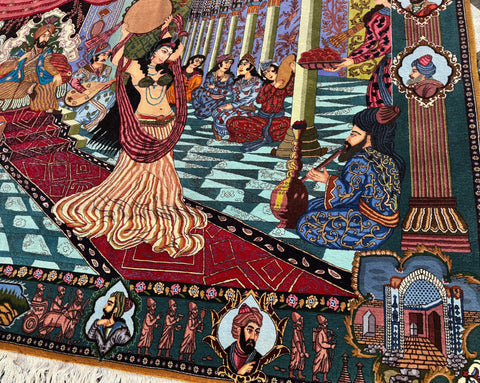 Persian Tabriz Handmade Silk Rug - Red Green Blue Grey & Beige Grey Blue - 290 cm x 204 cm