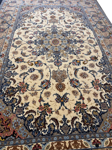 Handmade Isfahan Wool & Silk Rug 241x158 cm – Beige & Blue Rug