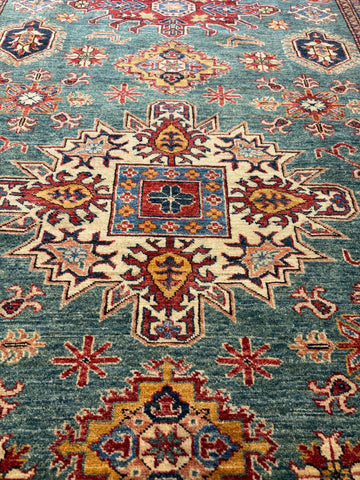 Handmade Super Kazak Wool Rug 237x174 cm – Sea Green & Beige Natural Dye Rug