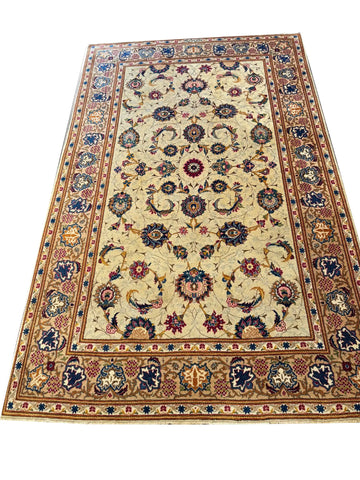Handmade Antique Persian Kashan Wool & Silk Rug 225x142 cm – Beige & Brown Rug