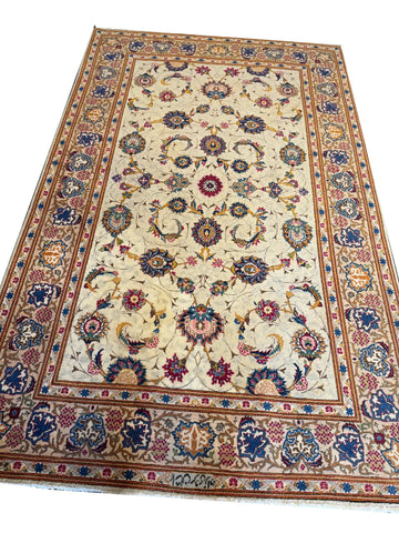 Handmade Antique Persian Kashan Wool & Silk Rug 225x142 cm – Beige & Brown Rug