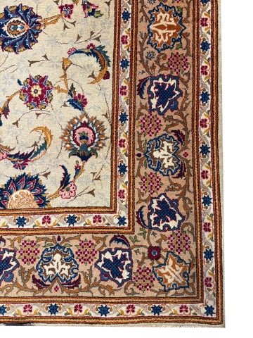 Handmade Antique Persian Kashan Wool & Silk Rug 225x142 cm – Beige & Brown Rug