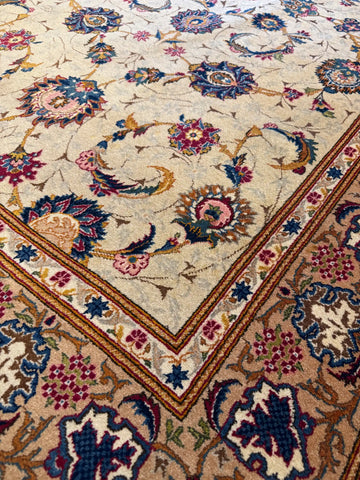 Handmade Antique Persian Kashan Wool & Silk Rug 225x142 cm – Beige & Brown Rug