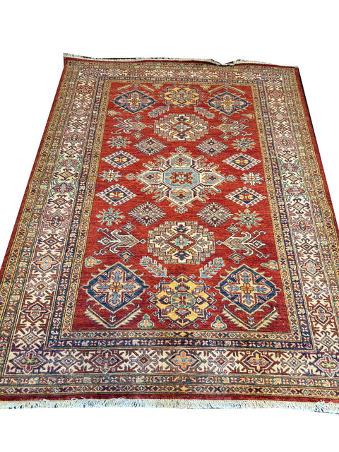 Kazak Handmade Wool Rug - Red & Beige - 200 x 150 cm