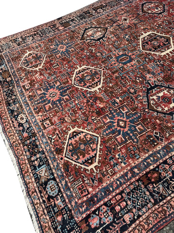 Old Handmade Persian Karajeh Rug – Red Wool Oriental Carpet, 360 × 250 cm