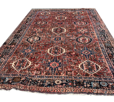 Old Handmade Persian Karajeh Rug – Red Wool Oriental Carpet, 360 × 250 cm