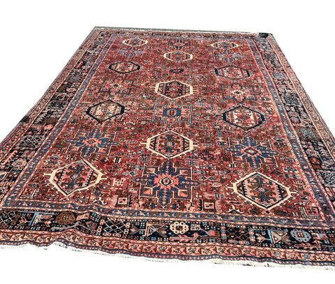 Old Handmade Persian Karajeh Rug – Red Wool Oriental Carpet, 360 × 250 cm