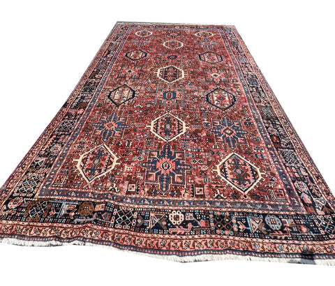 Old Handmade Persian Karajeh Rug – Red Wool Oriental Carpet, 360 × 250 cm