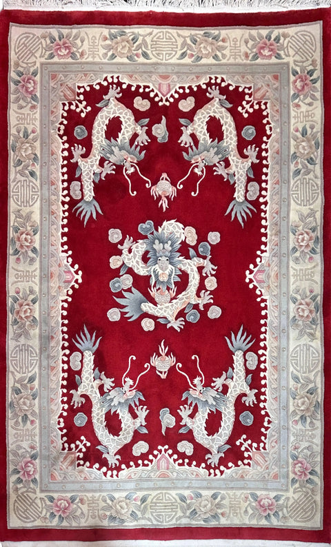 255x170cm Chinese Dragon handmade wool red and beige rug 7091 - Rugoutlet