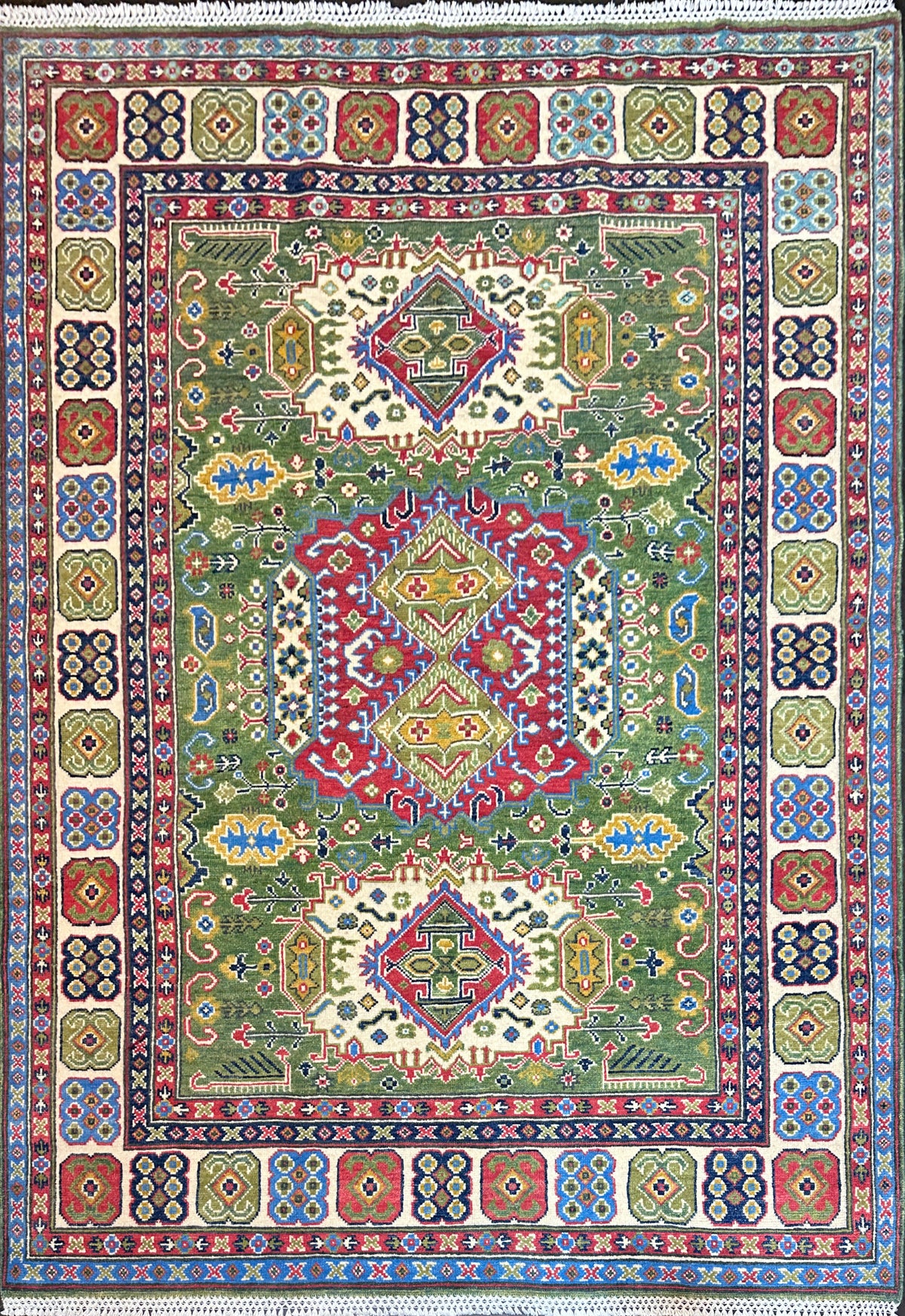 Handmade contemporary Green Kazak wool rug 207 x 156 cm (7x5 ft)