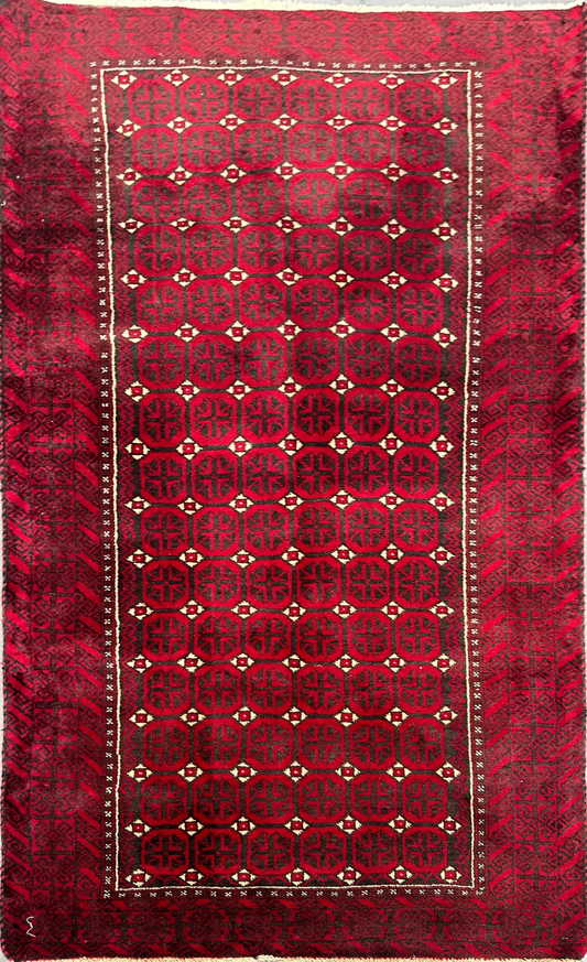 191 x 96 cm Persian Baluch Tribal Hand-Knotted Red Black Colour