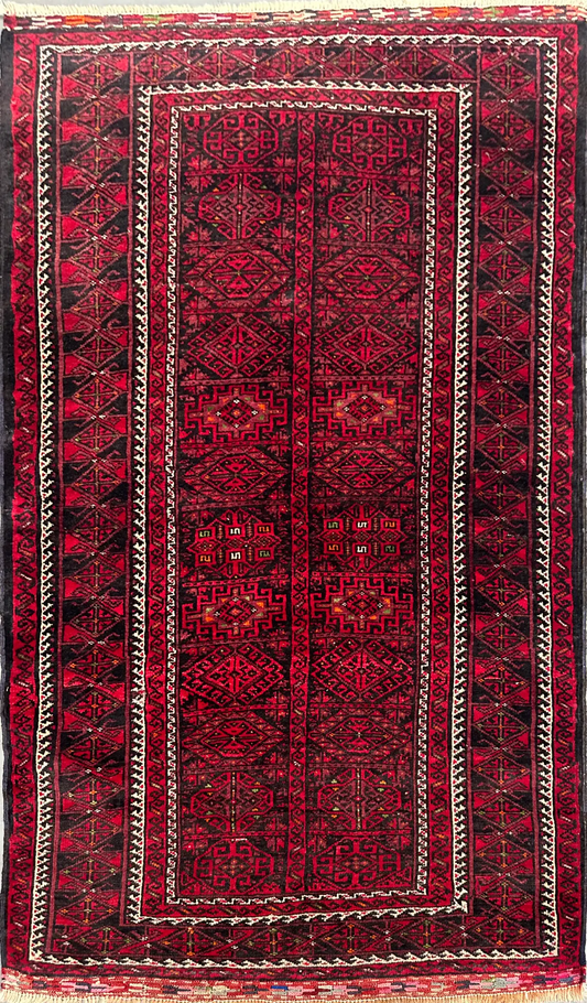 161 x 95 cm Persian Baluch Tribal Hand-Knotted Red Black Colour