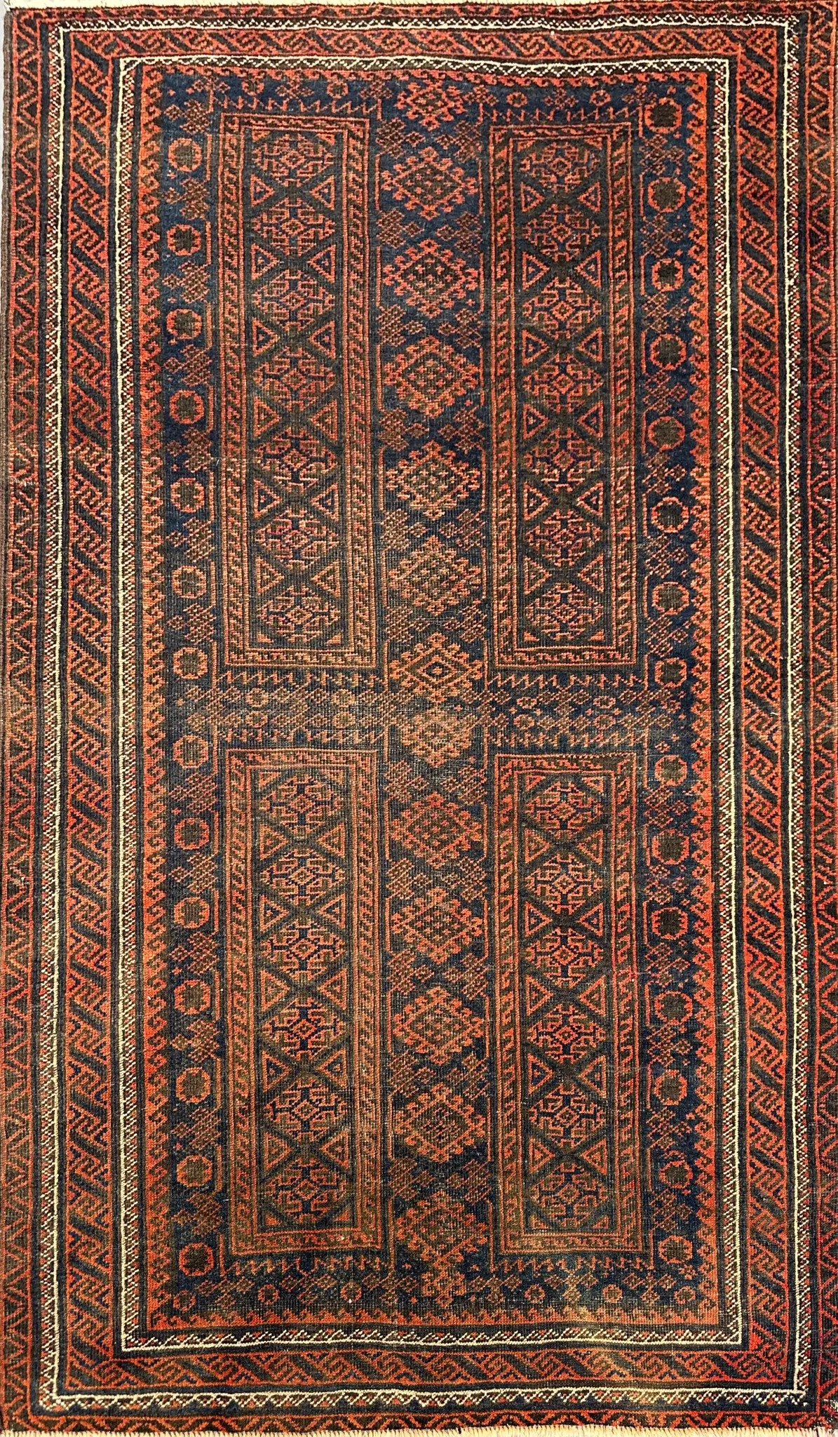 177 x 104 cm Persian Baluch Tribal Hand-Knotted Brown Blue Colour