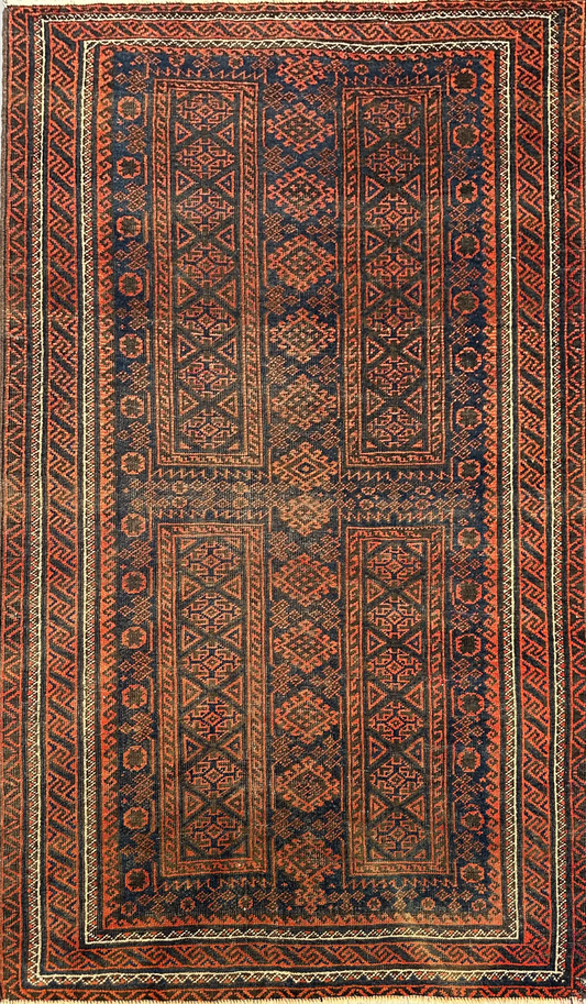 177 x 104 cm Persian Baluch Tribal Hand-Knotted Brown Blue Colour