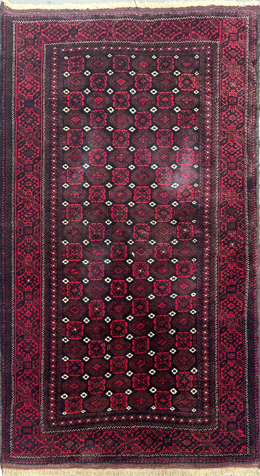 197 x 93 cm Persian Baluch Tribal Hand-Knotted Red Black Colour Prayer Rug