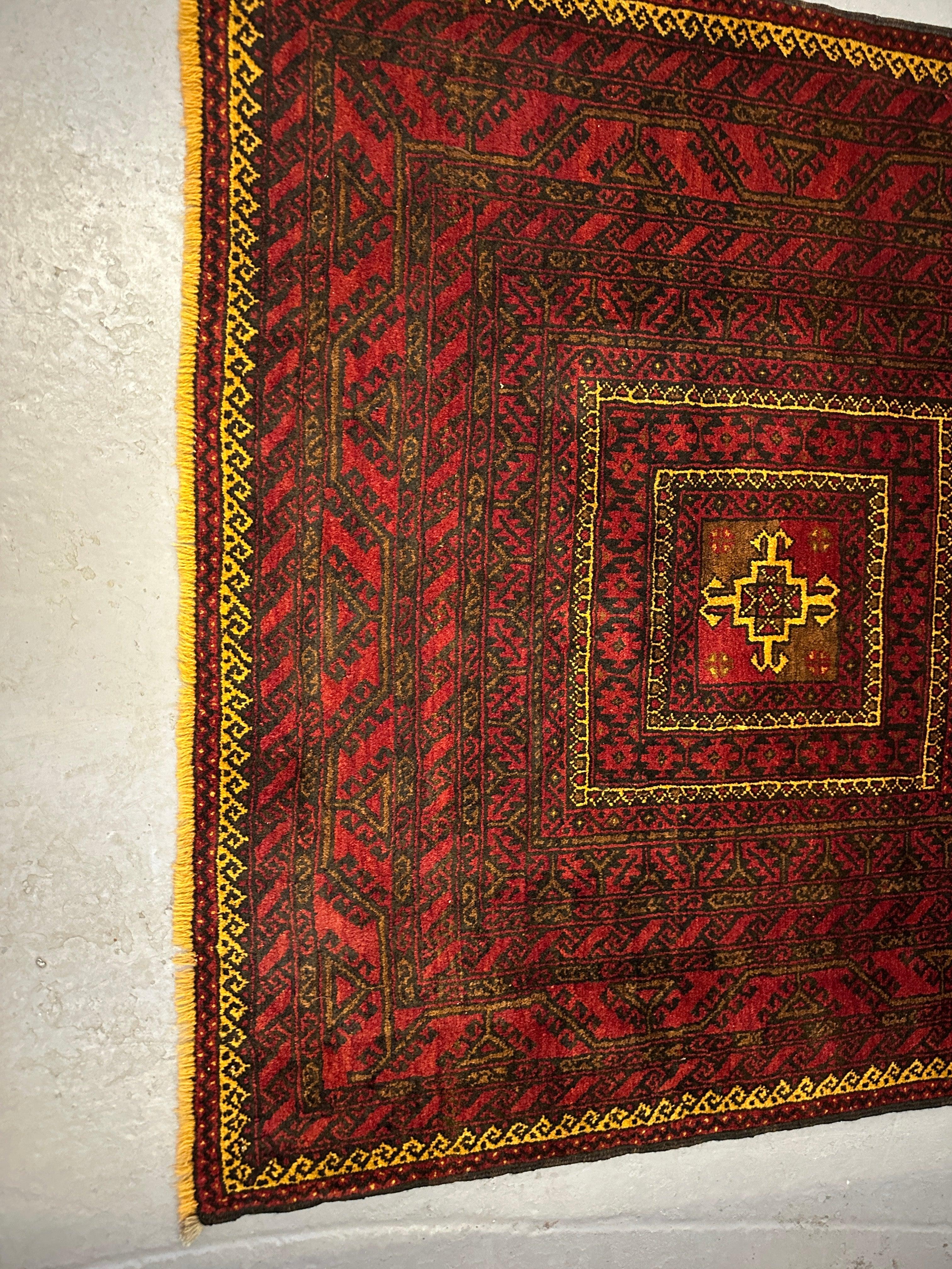 220 x 120 cm Fine Persian Old Baluch Rug Hand-Knotted Red & Yellow Colour - Rugoutlet