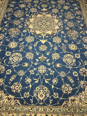 167 x 242 cm Fine Persian Nain Silk & Wool Rug Hand-Knotted Beige & Blue Colour - Rugoutlet