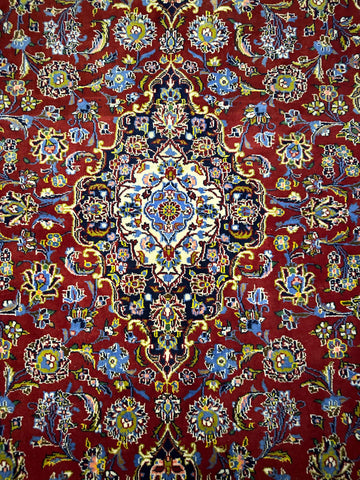 140 x 212 cm Fine Persian Kashan Silk & Wool Signature Rug Hand-Knotted Red & Beige Colour - Rugoutlet