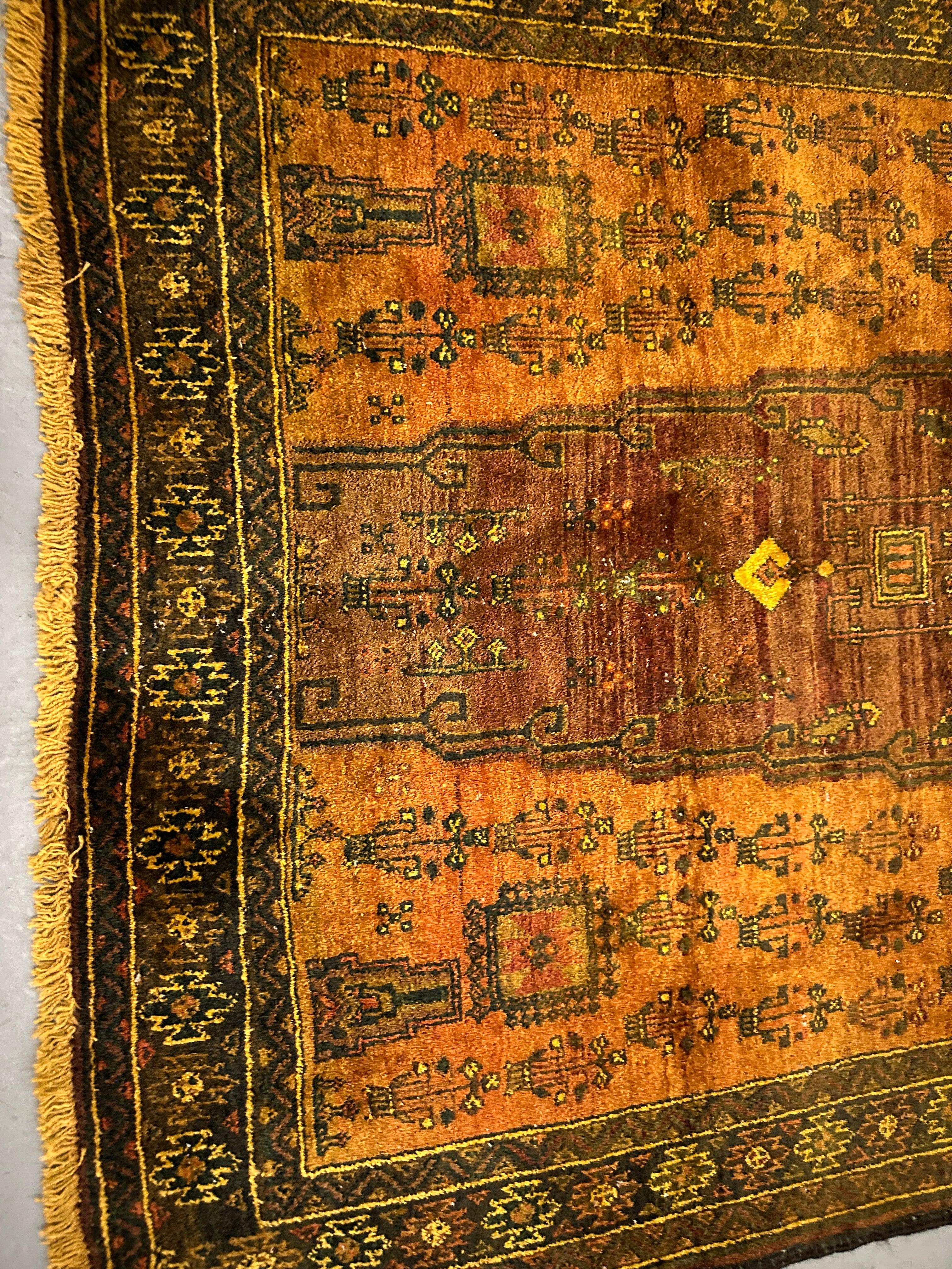 265 x 126 cm Fine Persian Old Baluch Rug Hand-Knotted Yellow & Brown Colour - Rugoutlet