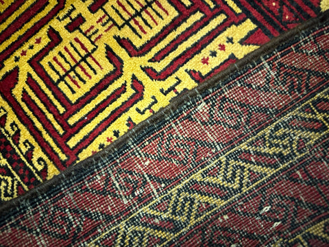 195 x 128 cm Fine Persian Old Baluch Prayer Rug Hand-Knotted Red & Yellow Colour - Rugoutlet