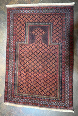 140 x 90 cm Fine Old Baluch Prayer Rug Hand-Knotted Brown & Red Colour - Rugoutlet