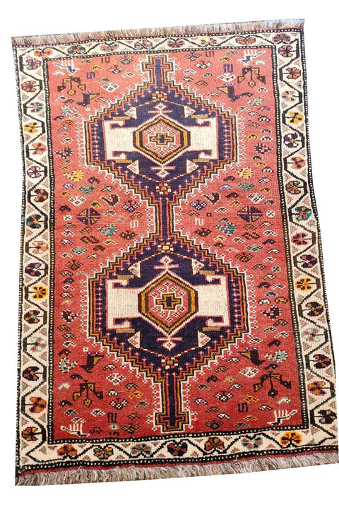 Persian Shiraz Handmade Wool Rug - Red & Beige - 141 x 100 cm