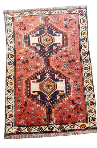 Persian Shiraz Handmade Wool Rug - Red & Beige - 141 x 100 cm