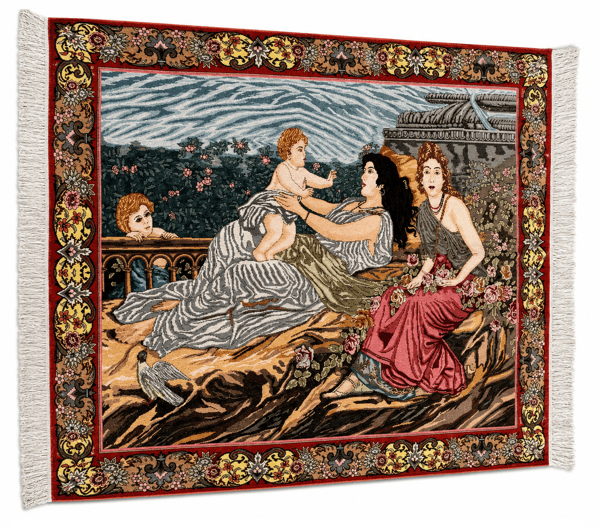Persian Tabriz Handmade Silk Rug - Red & Beige Grey - 200 cm x 150 cm