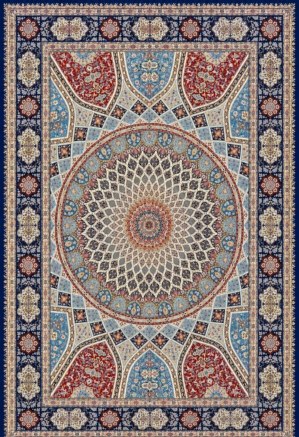 Persian Tabriz Gondad Handmade Full Silk Dome Design Rug Blue, Ivory & Gold 350 × 520 cm
