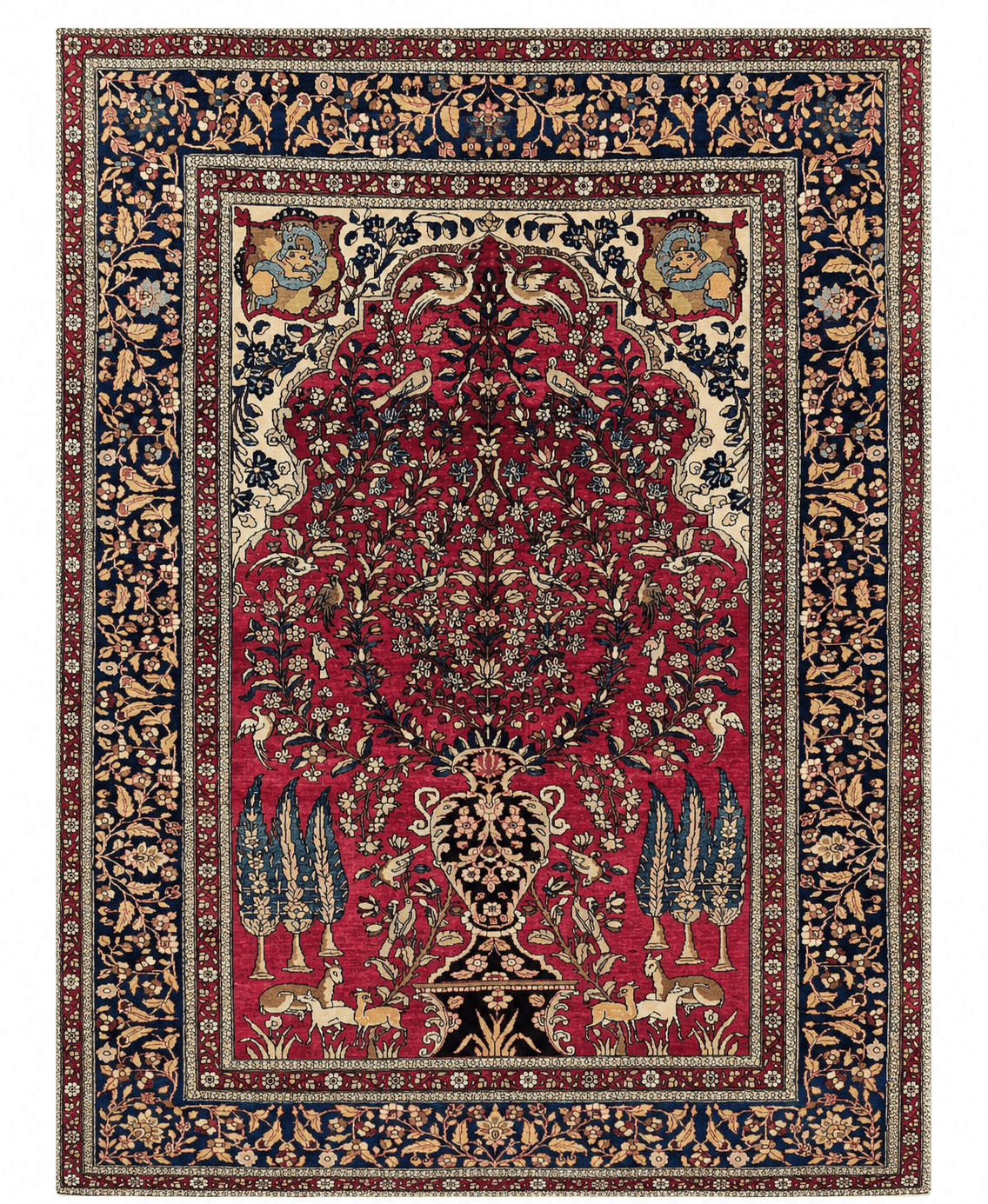 Handmade Persian Isfahan Silk & Wool Tree of Life Rug – Pink, Navy & Ivory – 216 cm x 144 cm