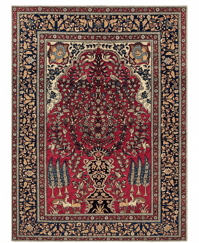 Handmade Persian Isfahan Silk & Wool Tree of Life Rug – Pink, Navy & Ivory – 216 cm x 144 cm