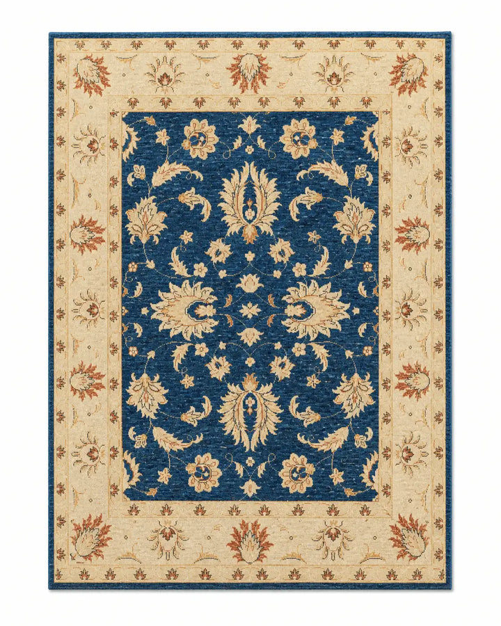 Handmade Ziegler Floral Rug Navy Blue & Ivory Traditional Design 250 × 170 cm