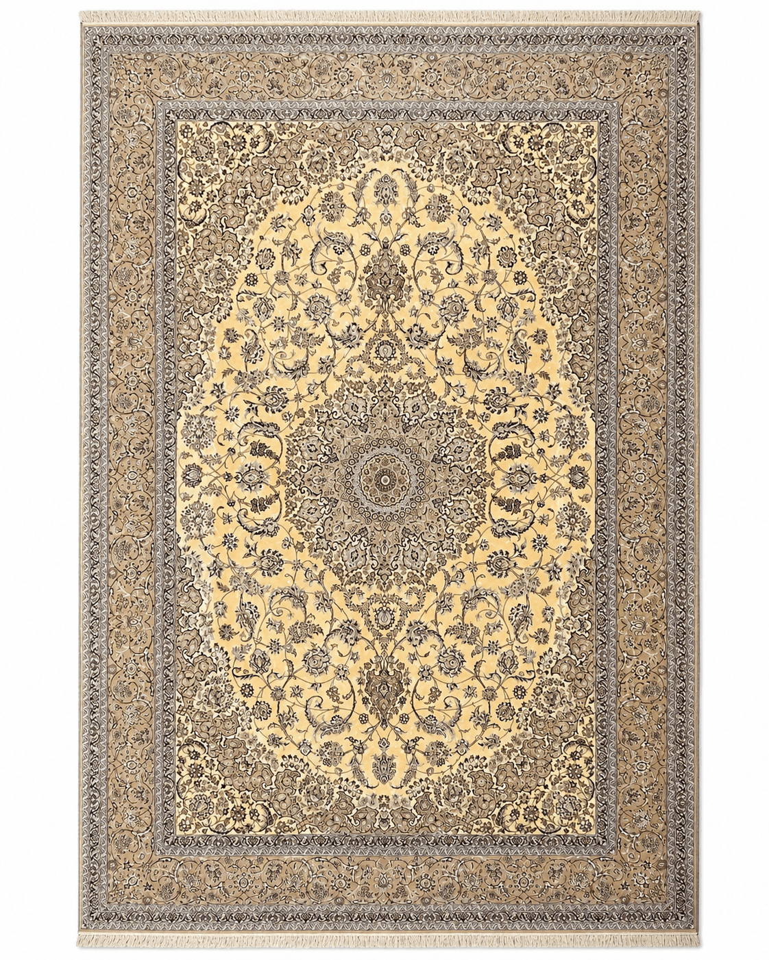Persian Nain Silk Style Handmade Floral Medallion Rug Beige, Ivory & Charcoal Rectangular Carpet 300 × 200 cm