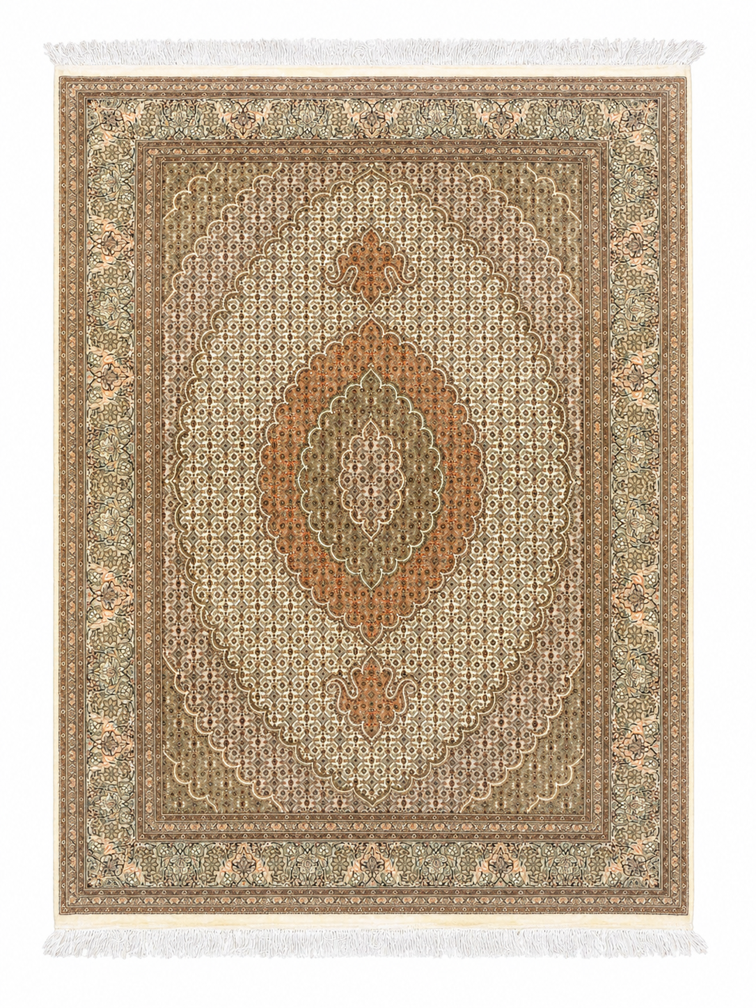 Handmade Persian Tabriz Wool & Silk Rug 210x151 cm – Beige & Brown Rug