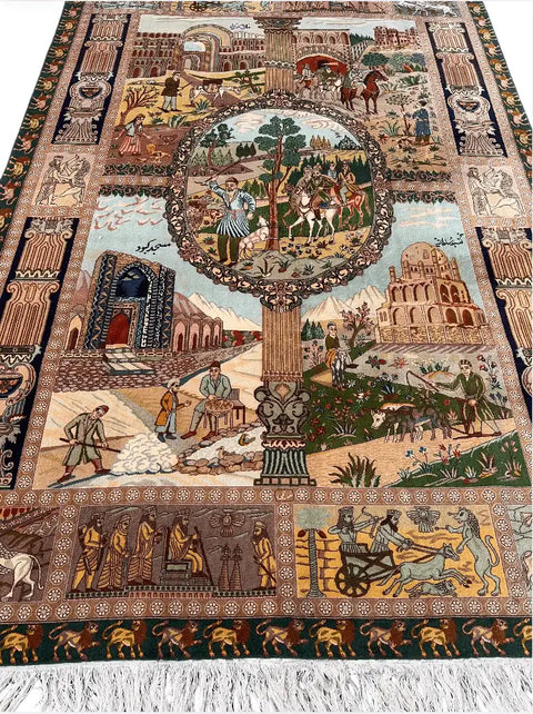 Persian Tabriz Handmade Silk Rug - Red & Beige Grey Blue - 220 cm x 200 cm