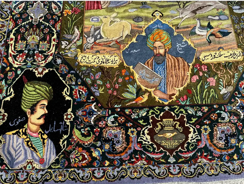 Persian Tabriz Handmade Silk Rug - Red Green Blue Grey & Beige Grey Blue - 300 cm x 200 cm
