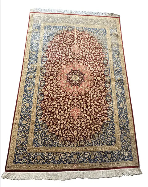 Persian Qum Handmade Silk & Wool Rug - Red & Cream - 2m x 1.35m