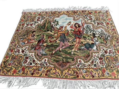 Persian Tabriz Handmade Silk Rug - Red & Beige Grey Blue - 220 cm x 200 cm