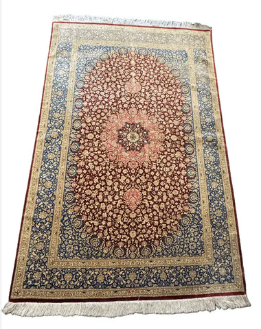 Persian Qum Handmade Silk & Wool Rug - Red & Cream - 2m x 1.35m