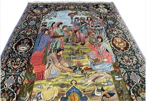 Persian Tabriz Handmade Silk Rug - Red Green Blue Grey & Beige Grey Blue - 300 cm x 200 cm