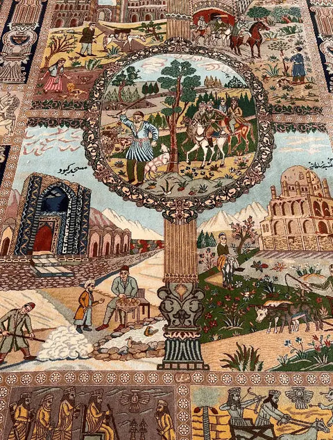 Persian Tabriz Handmade Silk Rug - Red & Beige Grey Blue - 220 cm x 200 cm