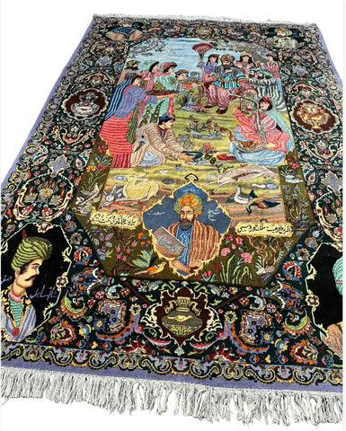 Persian Tabriz Handmade Silk Rug - Red Green Blue Grey & Beige Grey Blue - 300 cm x 200 cm