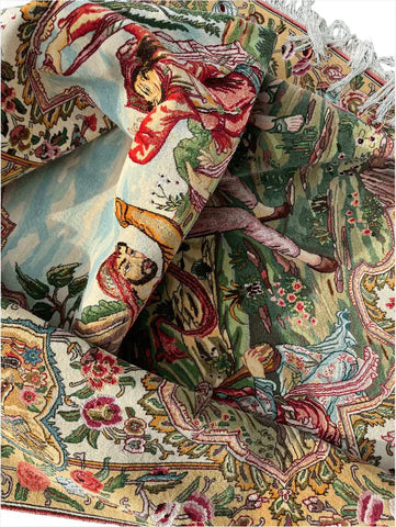 Persian Tabriz Handmade Silk Rug - Red & Beige Grey Blue - 220 cm x 200 cm