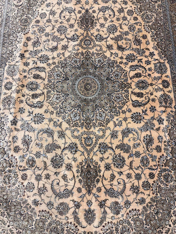 Persian Nain Silk Style Handmade Floral Medallion Rug Beige, Ivory & Charcoal Rectangular Carpet 300 × 200 cm