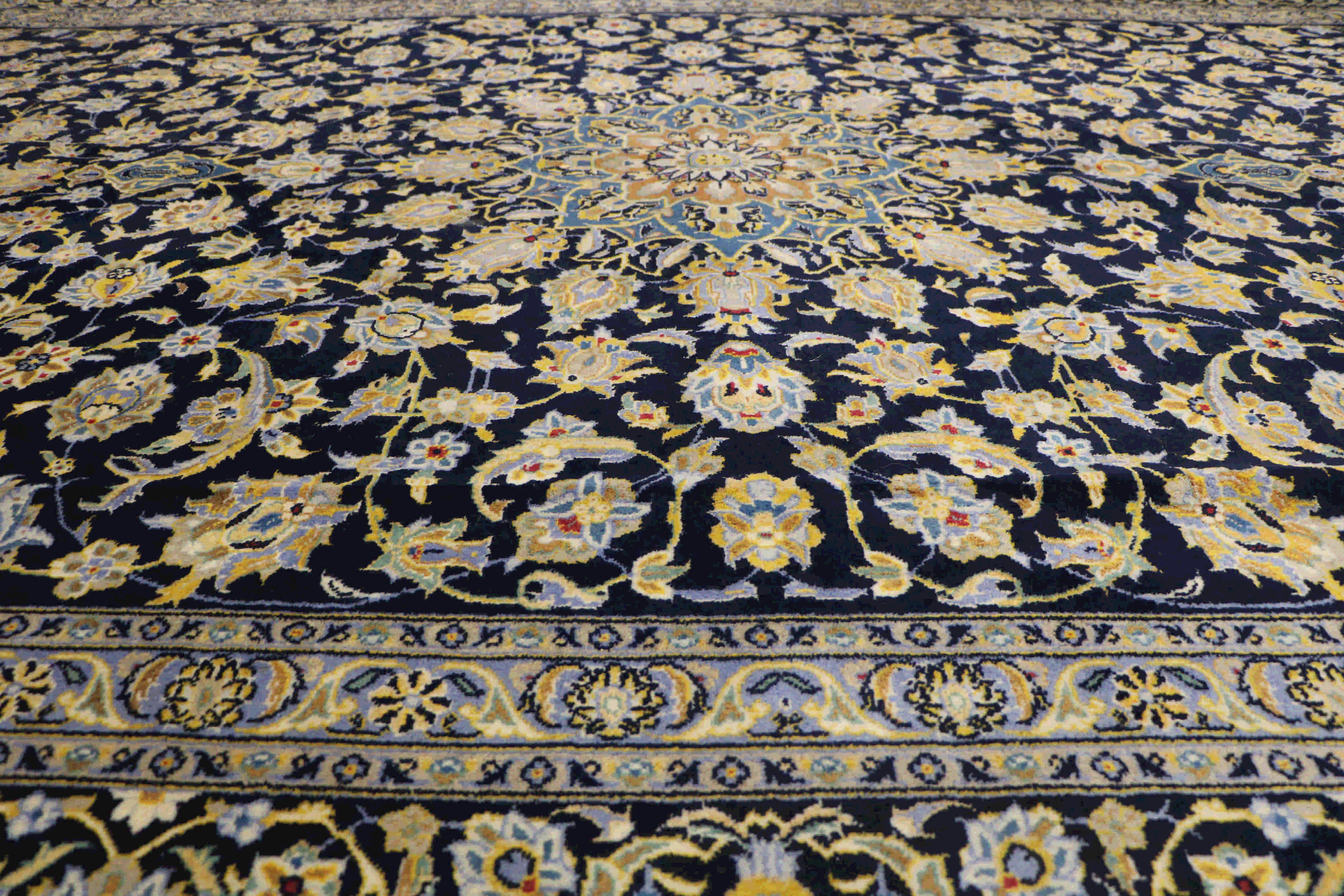 Fine persian kashan rug navy, light blue, and gold